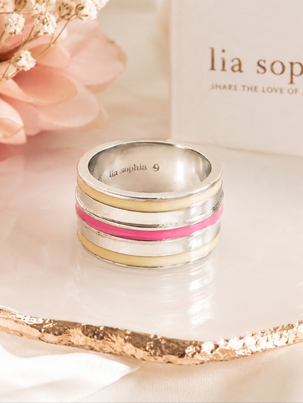 Lia Sophia Pink, Gold and Silver Layered Band Ring Size 9 New - Picture 2 of 6